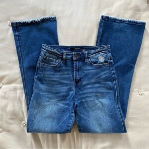 Flying Monkey stretchy High Rise boot Women's Jeans in Dark Blue Wash fray